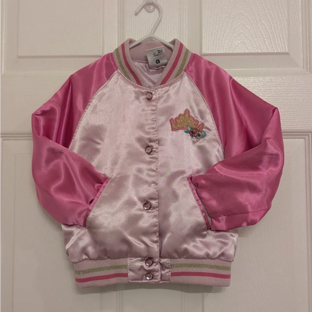 Exclusive Disney Parks Pink Satin Bomber Jacket with Crown Embroidery Girl's 4